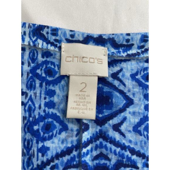 Chico's Women's Blue Ikat Boho Top Size 2 Large Festival Embellished Art To Wear - Picture 6 of 9